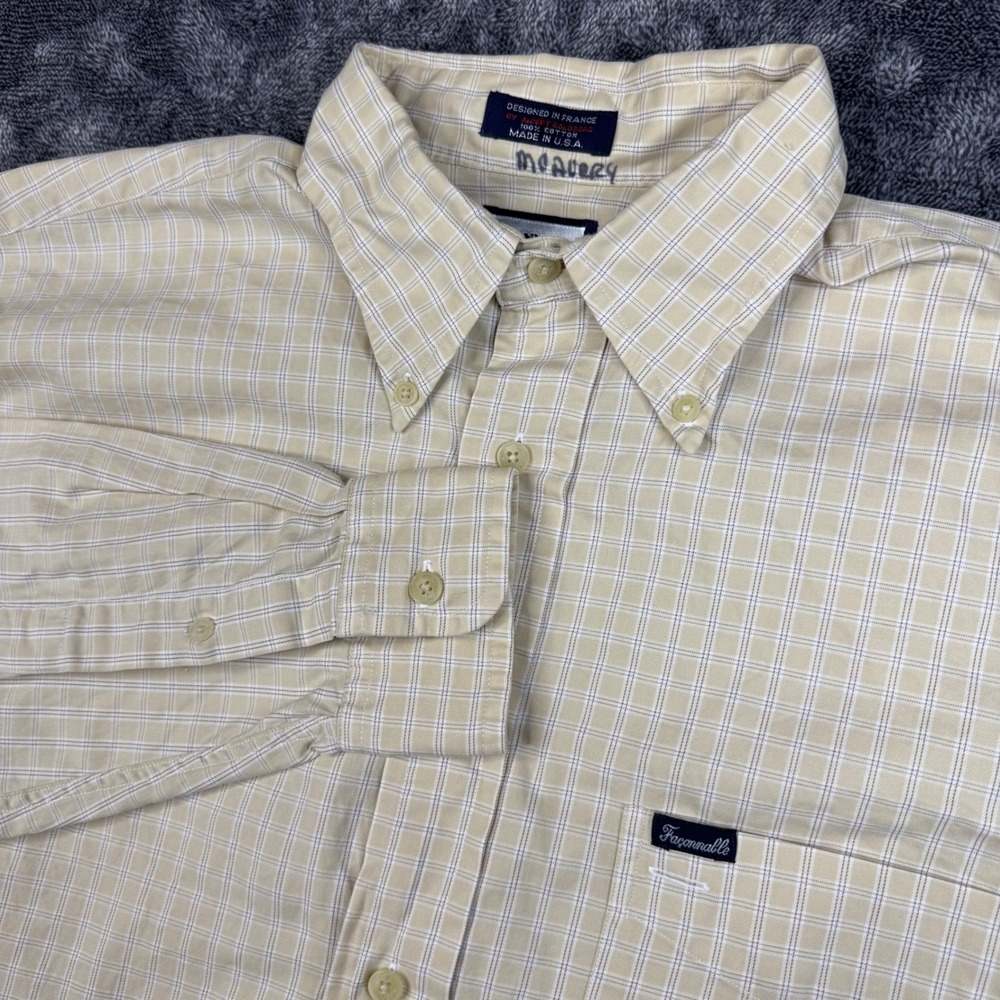 Faconnable Button Down Men Large Tan Plaid Shirt Cotton Long Sleeve USA
